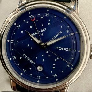 EUC Deep Blue Automatic Rocos Celestial Date 24 Hour Watch Original Box/Manual